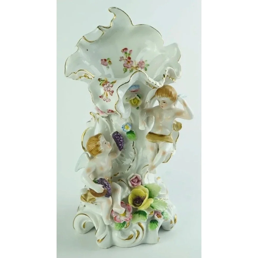 Vintage Porcelain Cherub Cornucopia Vase F-46 Rococo Floral Gold Trim 9in